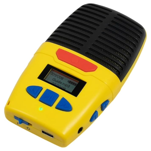 The Micro Speak Plus. A yellow, black, red and blue voice recorder with a small digital display.