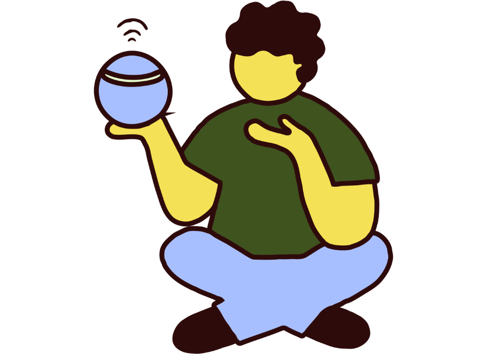 Illustration depicts a man sitting cross legged on the floor holding a smart speaker in his hand.
