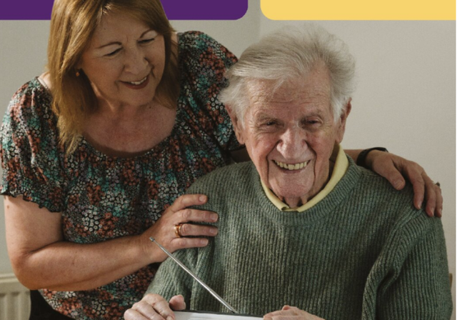 A picture of the front cover of BWBF's 2023 Impact Report. The cover features an older man with a radio, with a younger woman standing behind him smiling. Text reads: Keeping people connected: Our impact in 2023. The BWBF logo appears top left.