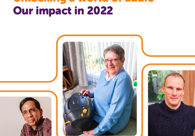 A picture of the front cover of BWBF's 2022 Impact Report. The cover features people smiling with BWBF's radios. Text reads: Unlocking a world of audio - Our impact in 2022. The BWBF logo appears top left.