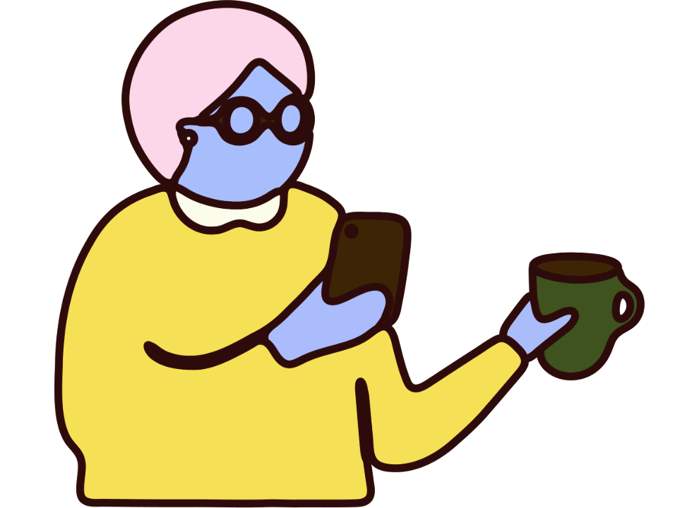 Illustration shows a person engaging with their phone and holding a cup of tea.