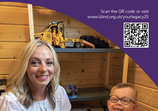 A picture of the cover of our legacy appeal leaflet. The headline reads 'Your Gift. Their Future'. A boy and his mother are photographed alongside his Echo Dot from BWBF.