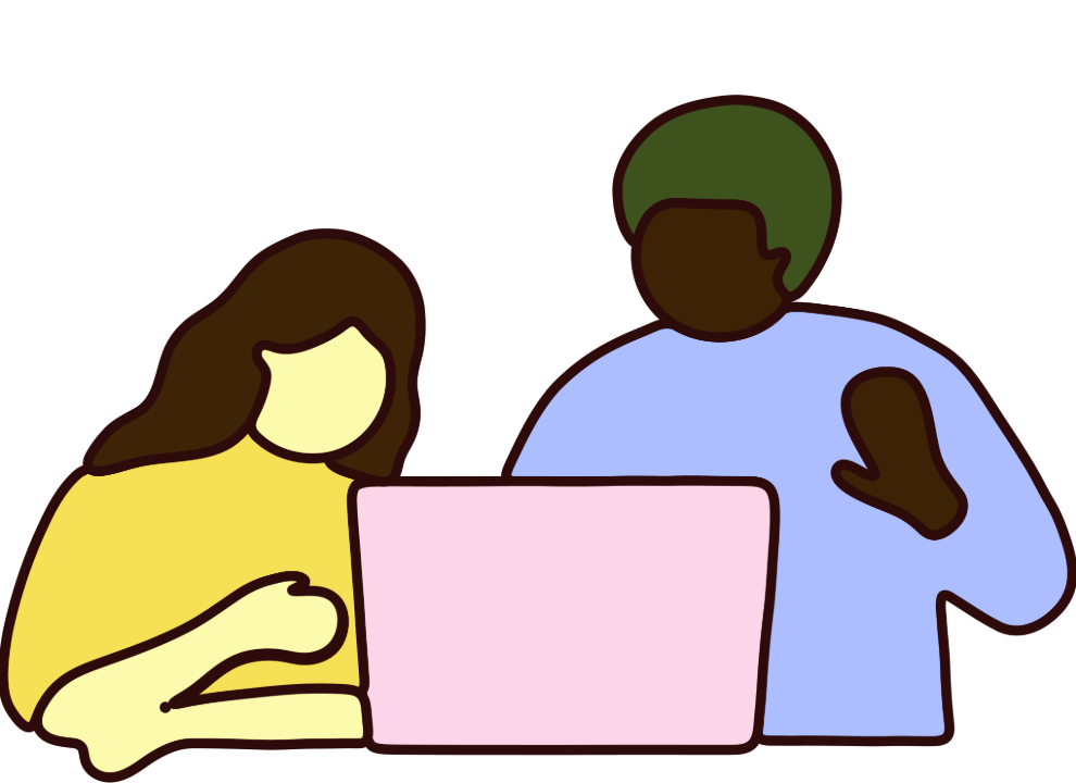 Illustration shows a man and woman looking at the screen of a laptop together and discussing.