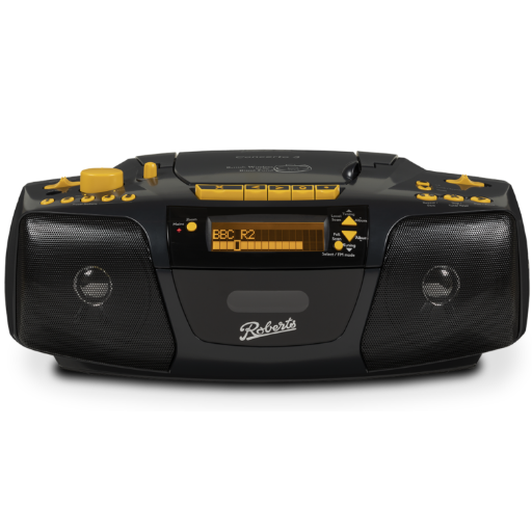 The Concerto 3. A large black ‘boom-box’ style radio, cd and tape player featuring high contrast tactile yellow buttons. On top is a black handle.