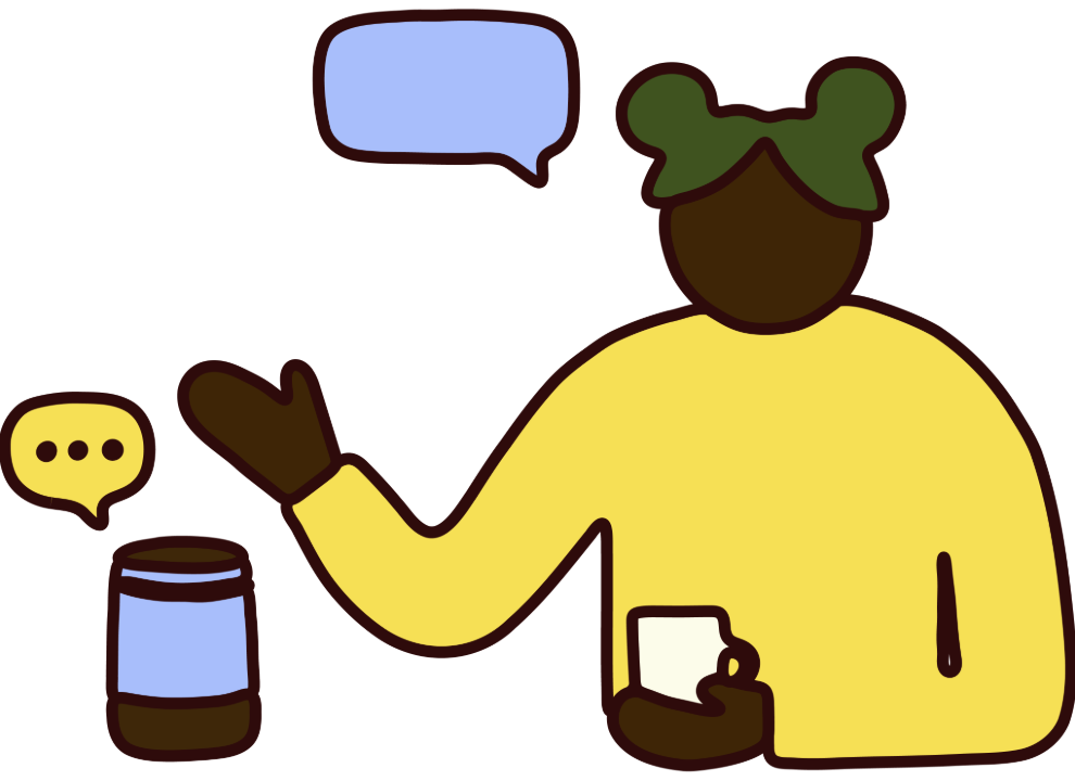Illustration shows a woman with buns in her hair talking to her smart speaker.