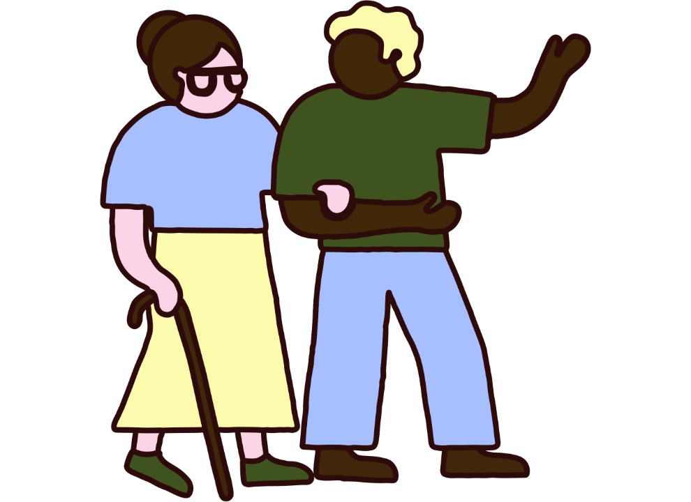 Illustation shows a woman with a walking stick walking arm-in-arm with a man who is talking to her.